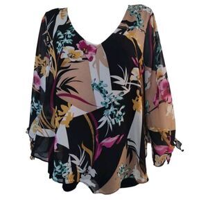 Thalia Sodi Blouse‎ Woman XL Black Floral Chiffón Asymmetrical 3/4 Sleeves Lined